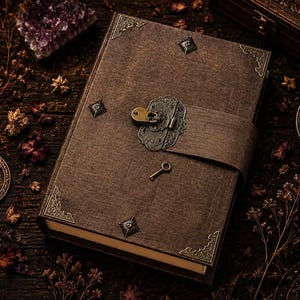 May include: A brown fabric-covered journal featuring ornate metal corner protectors, a central metal latch with a small padlock, and a matching key resting on the cover. The book is accented with decorative metal studs and has a textured finish.