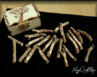 Celtic OGHAM RUNES set made with natural wood, handmade, with wooden box included customizable and black sheet