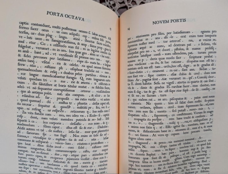 May include: Open book with two pages of Latin text. The left page is labeled "Porta Octava" and the right page is labeled "Novem Portis". The text is in black ink on aged, off-white paper. The book is open, revealing the text.