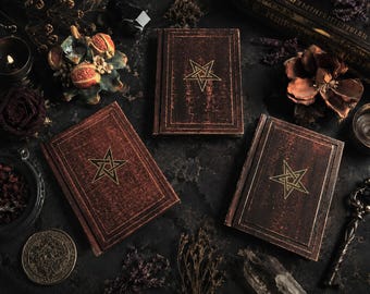 Peut inclure: Trois livres anciens en cuir marron avec des pentagrammes dorés. Les livres sont disposés sur une surface sombre avec des bougies, des fleurs séchées et une clé décorative. L'esthétique générale est gothique et mystique.