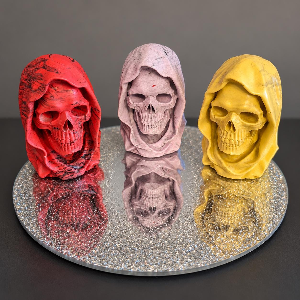 Three handmade Grim Reaper busts in different colours