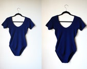 Vintage 80s Navy Blue Scoop Back Bodysuit 1980s Ballerina Neckline Leotard S M
