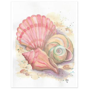 Lámina artística de acuarela con conchas marinas – Decoración de pared playera en rosa y turquesa, impresión artística Giclée original en 3 tamaños.