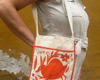 Hand Embroidered Otomi Crossbody Bag: Floral Animal Design Boho Tote