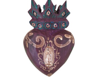 Pinewood, Vintage Style, Our Lady of Guadalupe Milagros Charm, Wall Hanging Decor Cabernet Burgundy Color Catholic Heart 5" H Gift