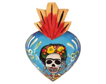 Hand Painted Wooden Heart: Dia de Muertos Frida Kahlo Decor