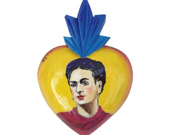 Limited Edition Hand Crafted and Hand Painted Frida Kahlo in Red Shawl Portrait Wooden Wall Hanging Decor Yellow Heart 9" H , Gift