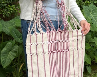 Red Cabernet and White Hand‑Woven Boho Hippie Chic Mercado Shoulder Bag – Las Rayas Striped Tote Multipurpose Hammock Tote Bag Unisex