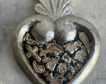 Pinewood Various Charms, Cross, Eye, Wing, House, Cat, Ear, Animals, Green Silver Milagros Heart Wall Hanging Decor 6"L Gift