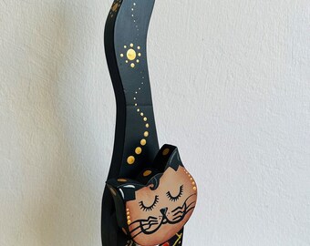 Limited Edition Pinewood  and Hand Painted Black and Golden Dyes Groom Bachelor Cat Stand Free Decor 14" L Gift