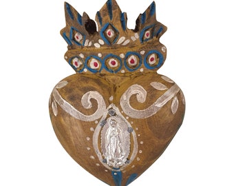 Pinewood, Milagros Charm Our Lady of Guadalupe, Mexico, Vintage Style, Wall Hanging Decor Cameo-Brown Color  Catholic Heart 5" H Gift