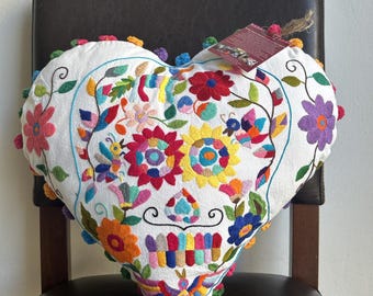 Otomi Embroidered Skull Pillow: Fair Trade Mexican Heart Cushion Cover