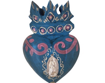 Pinewood, Milagros Charm Our Lady Of Guadalupe, Mexico, Vintage Style, Catholic Wall Hanging Decor Blue Heart 5" H Gift