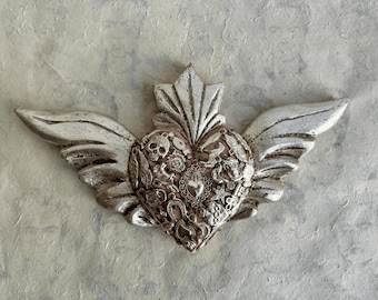 Mexico Falk Art, Silver Wings, Charms Sacred Heart, Skull, Eyes, Star, Key, Food, Pinewood Pink Milagros Heart Wall Hanging Decor 5.5"L Gift
