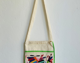 Otomi Embroidered Crossbody Tote Bag: Floral Bird Boho Purse