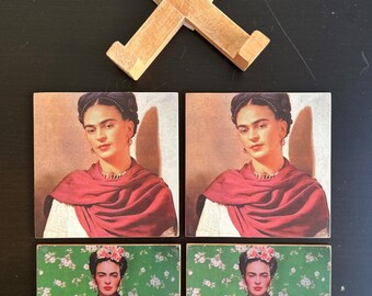 Frida Kahlo Coasters: Decoupage Pinewood Coaster Set with Holder