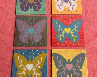 Wooden Hand Painted Butterfly Colorful Square Summer Coasters Set of 6
