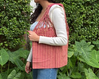 Warm Plum/Muted Mustard Yellow Tones Hand‑Woven Boho Hippie Chic Mercado Shoulder Bag – Las Rayas Striped Tote Multipurpose Hammock Tote Bag