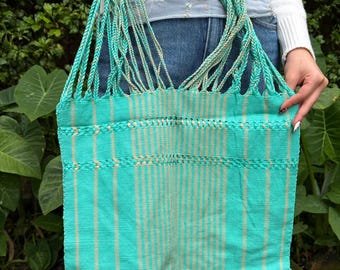 Aqua Turquoise/Beige Hand‑Woven Boho Hippie Chic Mercado Shoulder Bag – Las Rayas Striped Tote Multipurpose Hammock Tote Bag