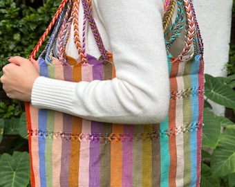 Funchsia/ Green/ Brown/ Turquoise/Hand Woven/Boho/Hippie/Chic/Mercado/ Shoulder Las Rayas Striped Tote Bag Multipurpose Tote Hammock Bag