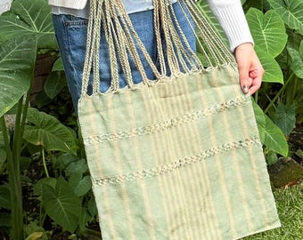 Light Sage Green and Natural Beige Hand‑Woven Boho Hippie Chic Mercado Shoulder Bag – Las Rayas Striped Tote Multipurpose Hammock Tote Bag