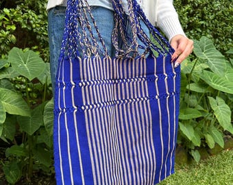 Royal Blue/Beige/Cream Hand‑Woven Boho Hippie Chic Mercado Shoulder Bag – Las Rayas Striped Tote Multipurpose Hammock Tote Bag