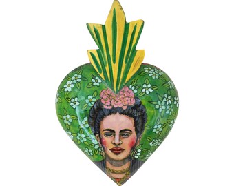 Limited Edition Hand Painted Hand Crafted Frida Kahlo on Tehuna Dress New York Vogue Magazine Portrait Wooden Wall Decor Heart 9" H , Gift