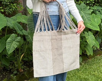 Warm Gray Tones Soft Beige Hand‑Woven Boho Hippie Chic Mercado Shoulder Bag – Las Rayas Striped Tote Multipurpose Hammock Tote Bag Unisex