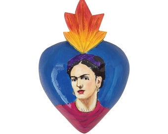 Limited Edition Hand Painted Hand Crafted Frida Kahlo Self Portrait Wearing Red Shaw (1939) Blue Wooden Heart Wall Decor 9"L , Gift