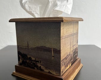 Decoupage on Pinewood San Francisco California Landmarks Golden Gate Bridge & Ferry Building Square Tissue Decorative Box Removable Lid 6"H