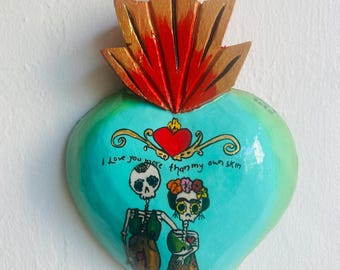 Hand-Painted Frida & Diego Skeleton Heart, Dia de Muertos Wall Decor (9" L)