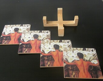 Frida Kahlo Coasters, Diego Rivera Art, Pinewood Coaster Set with Holder