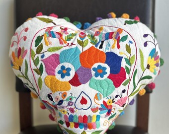 Otomi Embroidered Skull Pillow: Fair Trade Mexican Art, Pompom Cushion