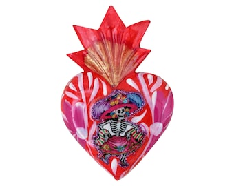 Limited Edition Mexican Wooden Hand Painted Dia de Muertos Day of the Dead Skeleton Woman Dancer Wall Hanging Peach Small Heart Deco 4 1/4"L
