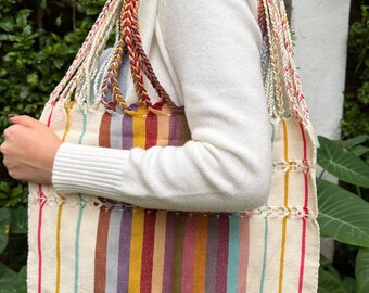 White Turquoise Mustard Red Brown Hand‑Woven Boho Hippie Chic Mercado Shoulder Bag – Las Rayas Striped Tote – Multipurpose Hammock Tote Bag