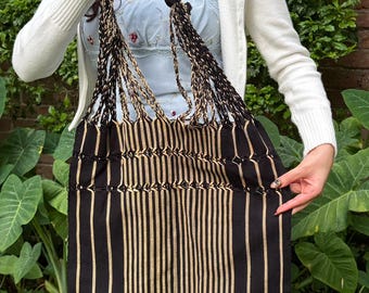 Black and Natural Beige Hand‑Woven Boho Hippie Chic Mercado Shoulder Bag – Las Rayas Striped Tote Multipurpose Hammock Tote Bag