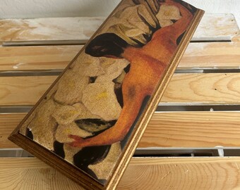 Decoupage on Pinewood Frida Kahlo Nude with Calla Lilies Flowers Portrait Keepsake Rectangular Large Jewelry Box with Mirror, Gift