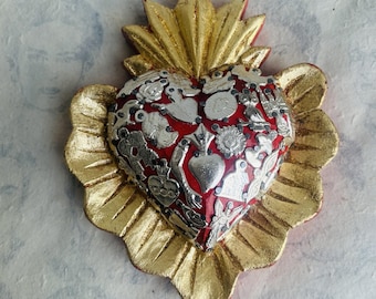 Mexico Folk Art, Pinewood, Red and Golden Dyes ,Sacred Heart, Archangels, and Owl Milagros Charms Wall Hanging Decor Heart, 6 3/4" H