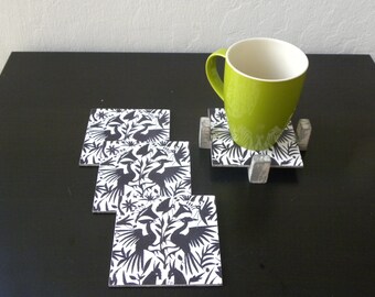 Mexican Otomi Art Coasters: Rustic Gray Pinewood Coaster Set with Holder