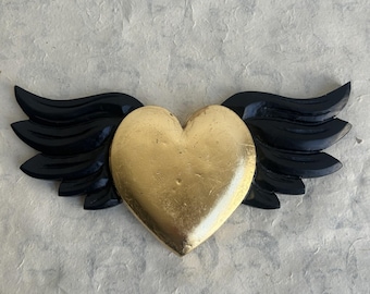 Mexican Golden Wooden Heart Wall Decor: Black Winged Folk Art, 5"