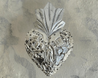 Mexico Folk Art, Charms Our Lady of Guadalupe, Virgin Mary, Tree of Life, Moon, Sun, Pinewood Silver Milagros Heart Wall Decor 5 1/4" L Gift