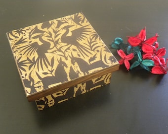 Decoupage on Pinewood, Mexican Otomi Art - Birds and Flowers, Three Compartments Square Multipurpose Keepsake Box Gift