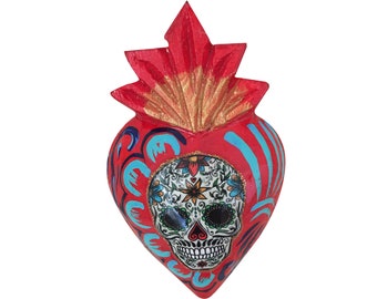 Limited Edition Michoacan Mexico Hand Painted Dia de Muertos Day of the Dead Wooden Heart White Skull Red Wall Hanging Small Heart 4 1/4" L