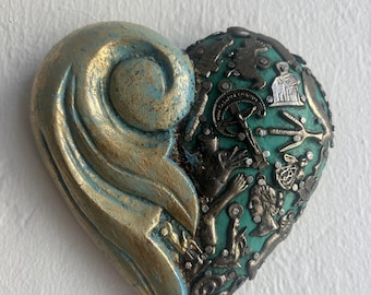 Pinewood, Green Turquoise and Golden Dyes, Milagros Charms Wall Hanging Decor 5" L