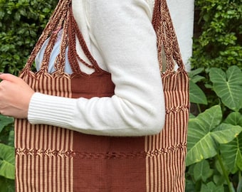 Rust Brown/Terracotta Brown/Beige Hand‑Woven Boho Hippie Chic Mercado Shoulder Bag – Las Rayas Striped Tote Multipurpose Hammock Tote Bag
