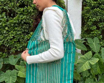 Turquoise Green and Natural Beige Hand‑Woven Boho Hippie Chic Mercado Shoulder Bag – Las Rayas Striped Tote Multipurpose Hammock Tote Bag