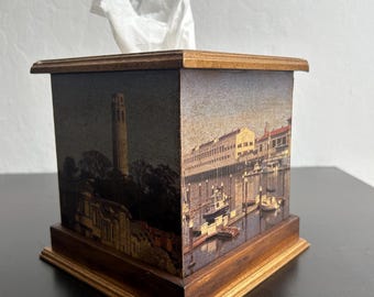 Decoupage on Pinewood San Francisco California Landmarks Coit Tower and Fort Mason  Square Tissue Decorative Box Removable Lid 6" H