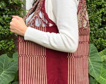 Deep Red and Natural Ivory Hand‑Woven Boho Hippie Chic Mercado Shoulder Bag – Las Rayas Striped Tote Multipurpose Hammock Tote Bag Unisex