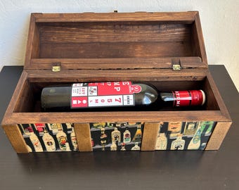 Decoupage on Pinewood Rectangular Keepsake Wine and Spirits Case Stand Free 14" W Gift Decor, Gifts for Him, Gifts for Her