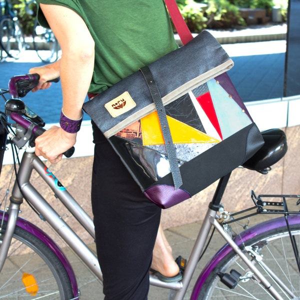 BIKE BAG RAGUEL. Waterproof canvas and leather mosaic bike bag. Rolltop bag.